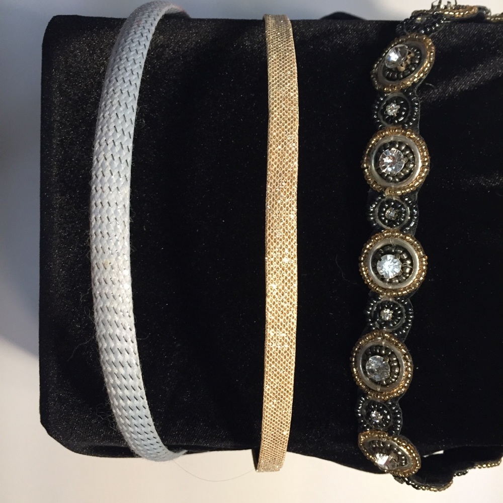 3 Headbands- Gold, Silver,  & Jeweled Elastic Band